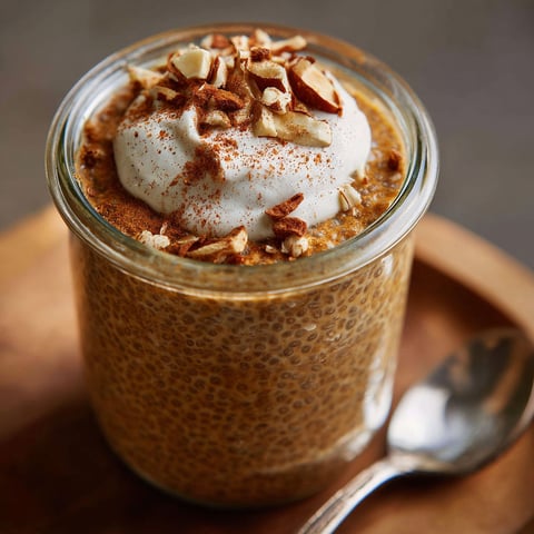 A glass bowl filled with a delicious pumpkin spice chia pudding.