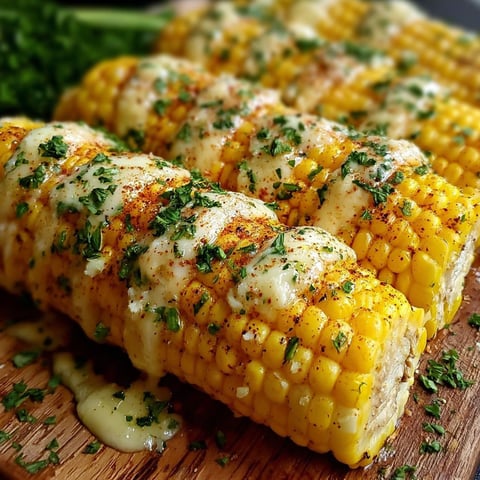 A delicious looking corn on the cob with cheesy garlic butter drizzled over it.