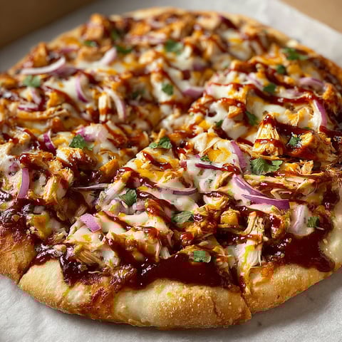 A BBQ Chicken Pizza Delight is displayed on a table, ready to be eaten.