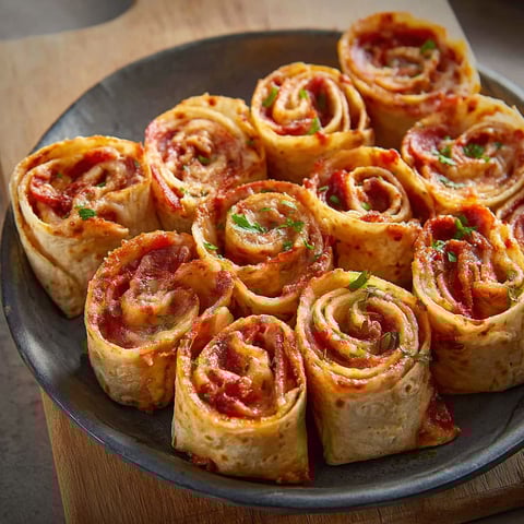 A plate of Tortilla Pizza Rolls is displayed on a wooden table.