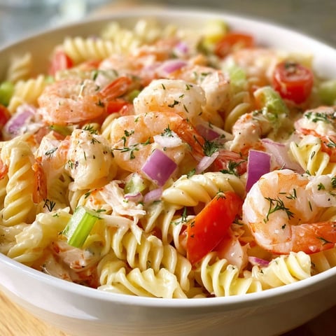A bowl of seafood pasta with shrimp and crab.