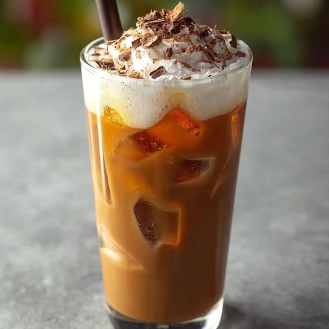A glass of iced Mexican coffee with whipped cream on top.