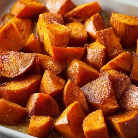 A dish of baked sweet potatoes with cinnamon butter on top.