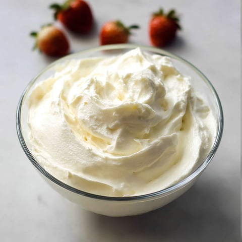 A bowl of cream cheese frosting with strawberries on top.