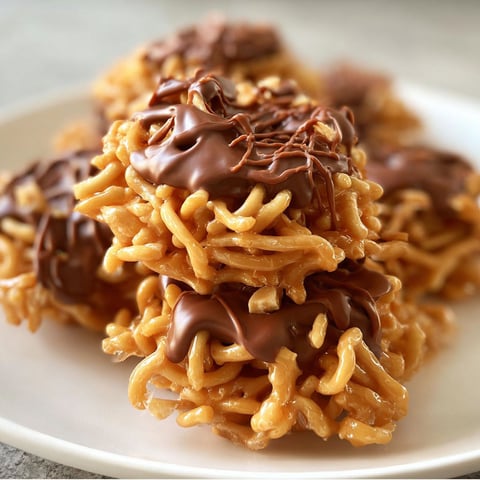 A plate of chocolate peanut butter haystacks.