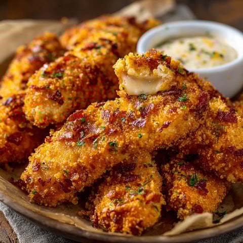 A plate of Crack Chicken Tenders with a dipping sauce.