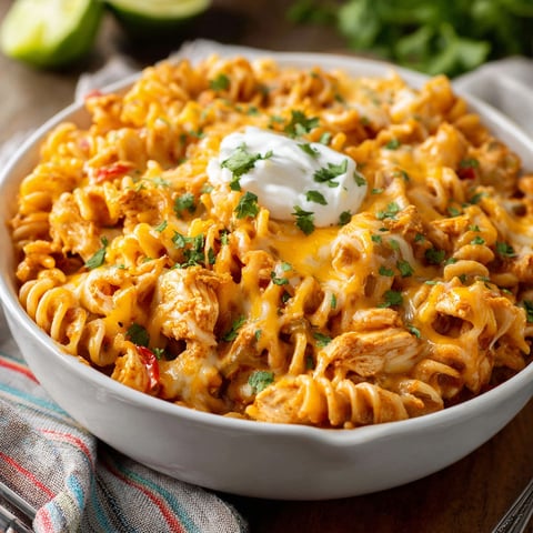 A bowl of Cheesy Chicken Enchilada Pasta is displayed on a table.