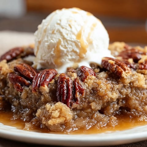 A slice of pecan pie cobbler with a scoop of ice cream on top.
