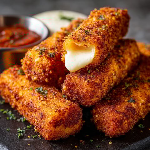 A plate of crispy Nashville hot mozzarella sticks with a side of marinara sauce.