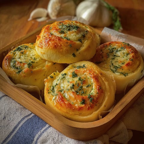 A wooden tray holds four delicious garlic rolls, each with a generous amount of buttery cheese.