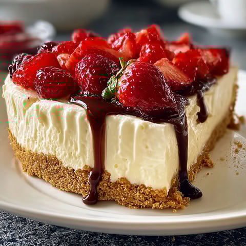 A slice of No-Bake Cheesecake with strawberries and chocolate drizzle.