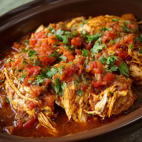 A delicious meal of Slow Cooker Salsa Chicken is served in a bowl.