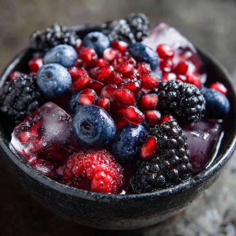 A bowl of Natures Cereal, containing berries, raspberries, and blackberries, is served in a black bowl.