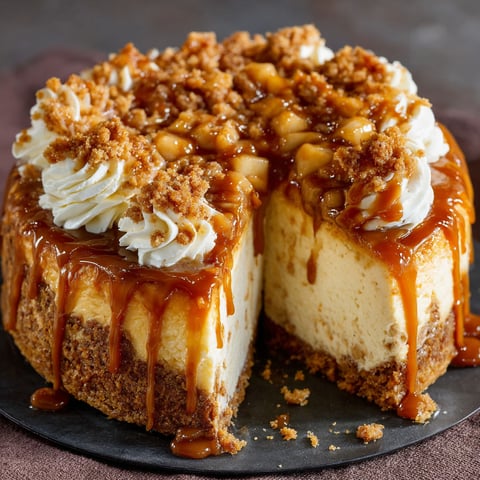 A slice of Apple Crisp Cheesecake is displayed on a plate.