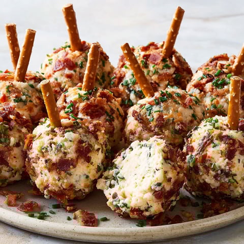 A plate of cheese ball bites with toothpicks in them.