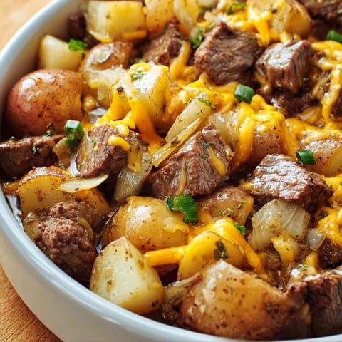 A delicious meal of steak and potatoes in a white bowl.