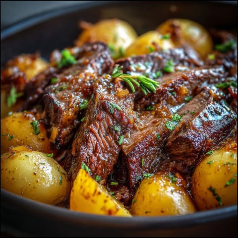 A delicious meal of steak and potatoes in a crockpot.