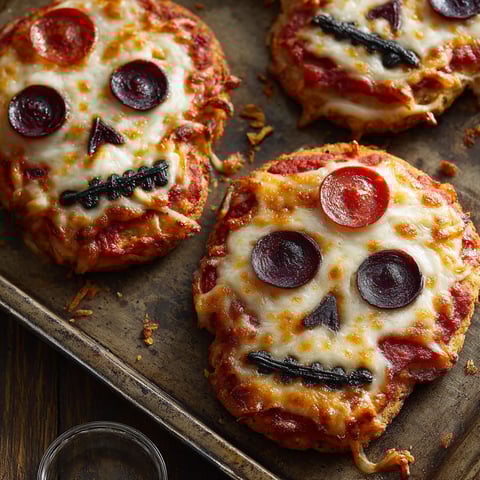 A close up of a pizza with a skull on it.