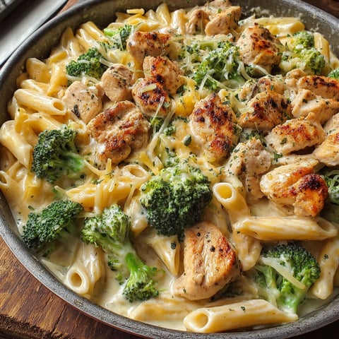 A delicious Cajun Chicken Broccoli Alfredo dish is served in a pan.