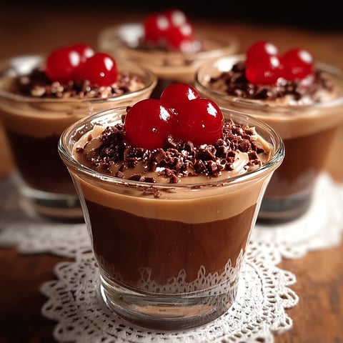 A close-up of a delicious chocolate dessert with a cherry on top, served in a glass.