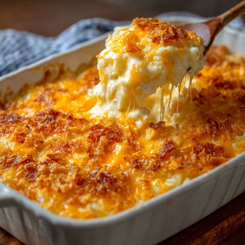 A delicious casserole with a wooden table underneath.