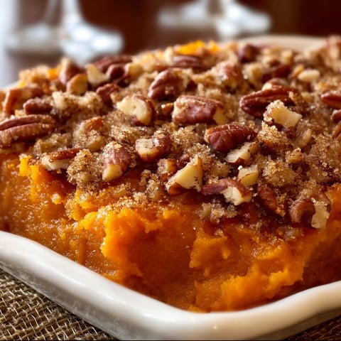 A delicious sweet potato casserole with a generous amount of nuts and marshmallows on top.