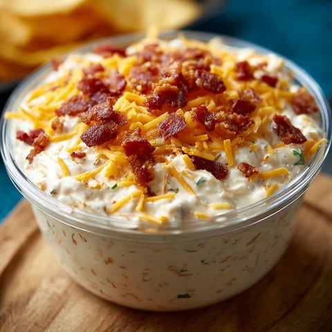 A bowl of cheesy bacon dip is ready to be served.