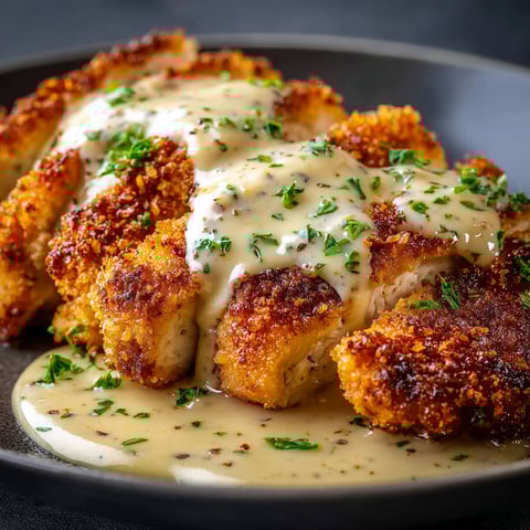 A plate of Crispy Parmesan Chicken with Creamy Garlic Sauce.