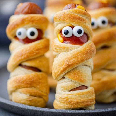 A plate of air fryer mummy dogs with eyes and mustaches.