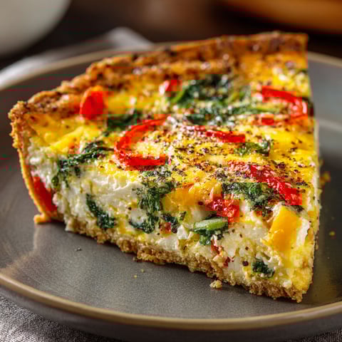 A slice of Tortilla Quiche with a variety of vegetables and cheese.