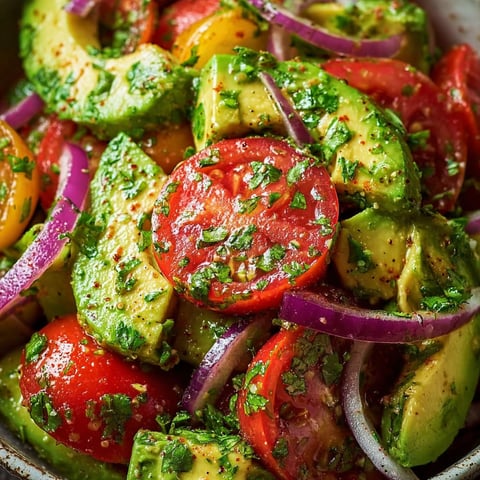A bowl of freshly prepared Avocado Tomato Onion Salad, featuring a mix of vibrant colors and flavors.
