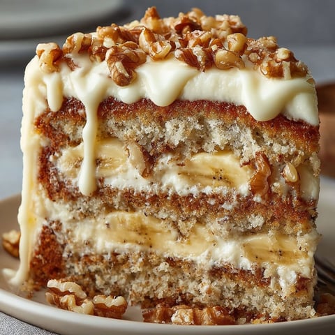 A slice of Heavenly Banana Walnut Cream Cake on a plate.