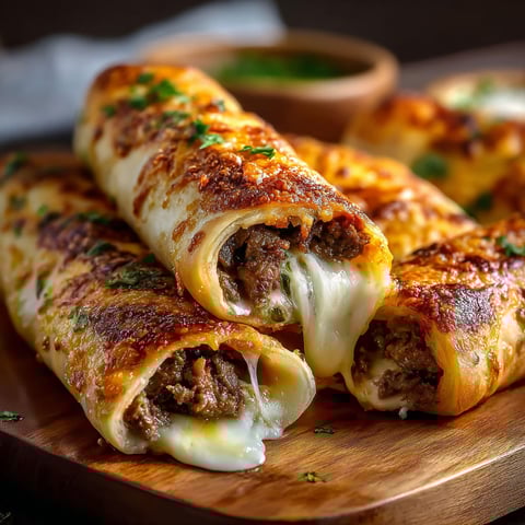 A delicious Philly Cheesesteak Stuffed Cheesy Breadsticks recipe is displayed on a wooden cutting board.