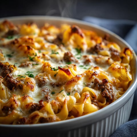 A delicious Sour Cream Beef Noodle Casserole is ready to be served in a white bowl.