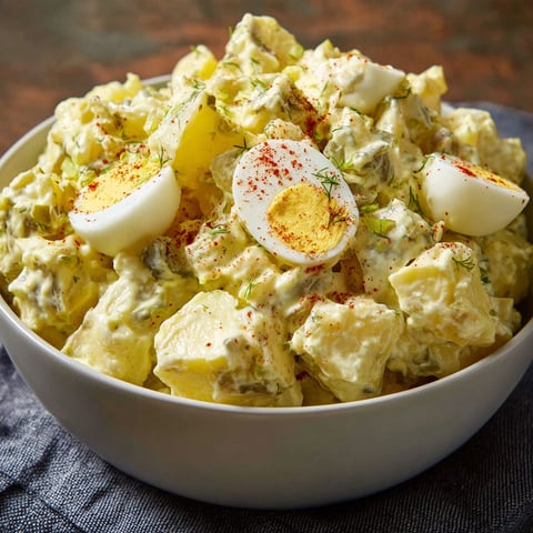 A bowl of potato salad with eggs and red peppers.