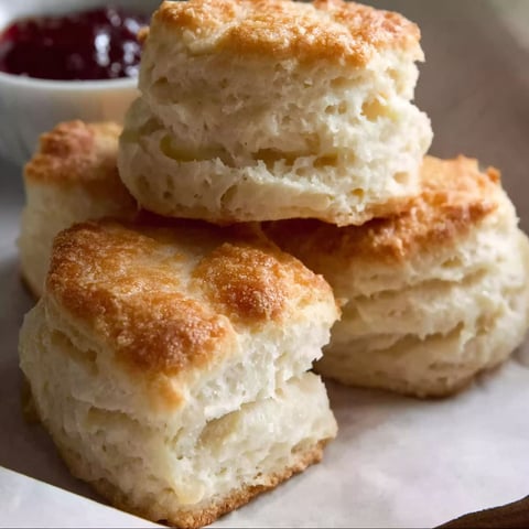 A stack of buttermilk biscuits with a bowl of jelly on the side.