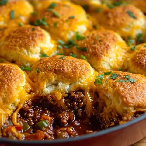 A delicious Sloppy Joe Biscuit Casserole, filled with cheese and meat, is ready to be served.