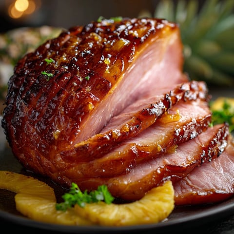 A glazed ham with pineapple and brown sugar on a plate.