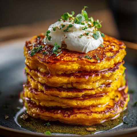 A stack of pumpkin cottage cheese pancakes with a dollop of whipped cream on top.
