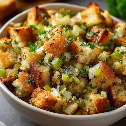 A bowl of stuffing with onions and herbs.