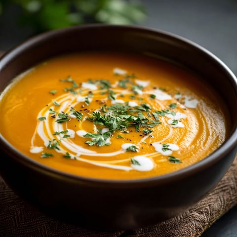 A bowl of Butternut Squash Soup with fresh herbs and spices.