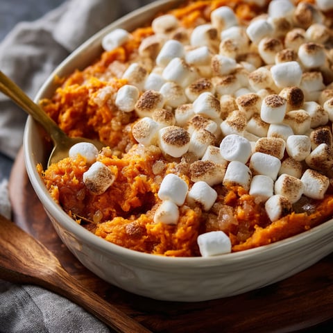A delicious Sweet Potato Casserole with marshmallows on top.