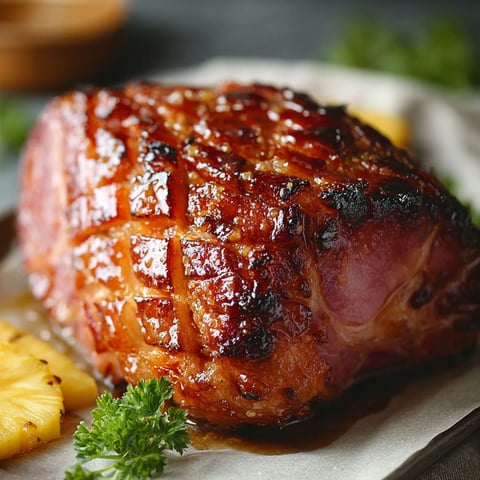 A glazed ham is served on a plate with a pineapple wedge and a side of greens.