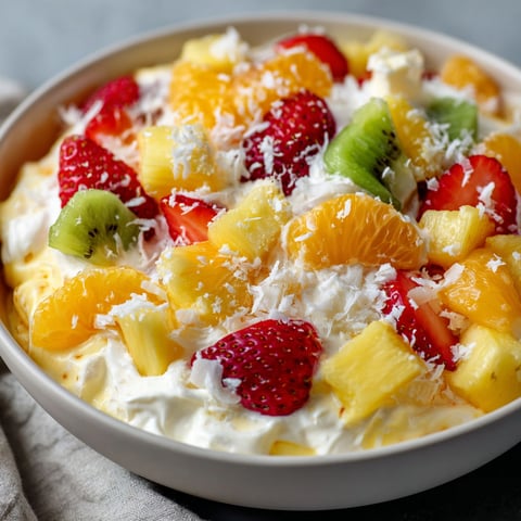 A bowl of fruit salad with pineapple, strawberries, and kiwi, topped with whipped cream.