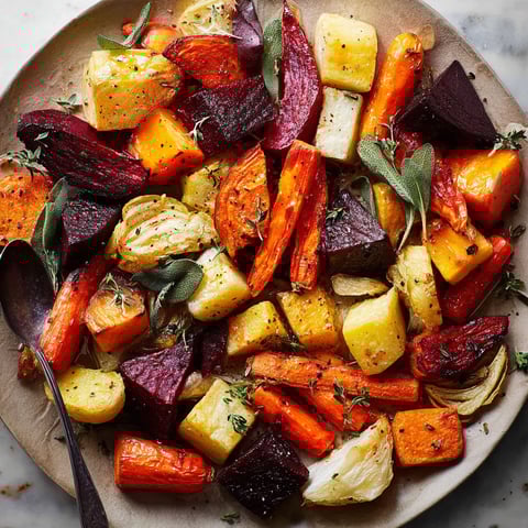 A plate of roasted root vegetables, including carrots, beets, and turnips, is displayed on a table.