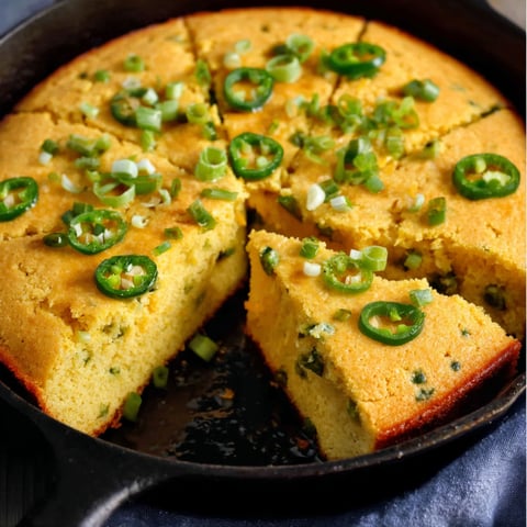 A slice of Jalapeno Cornbread with green peppers on top.