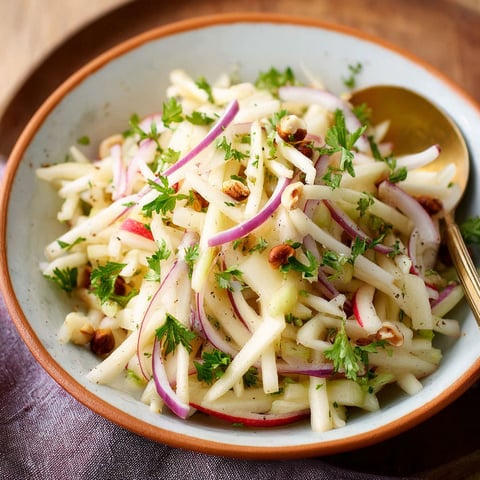 A bowl of Kohlrabi Slaw with chopped vegetables and herbs.