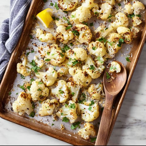 A wooden tray filled with roasted cauliflower and herbs.
