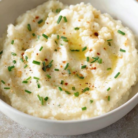 A bowl of mashed cauliflower with green herbs on top.