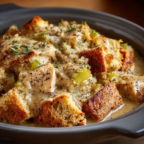 A delicious Crock Pot Chicken and Dressing dish, served in a bowl with a slice of bread.